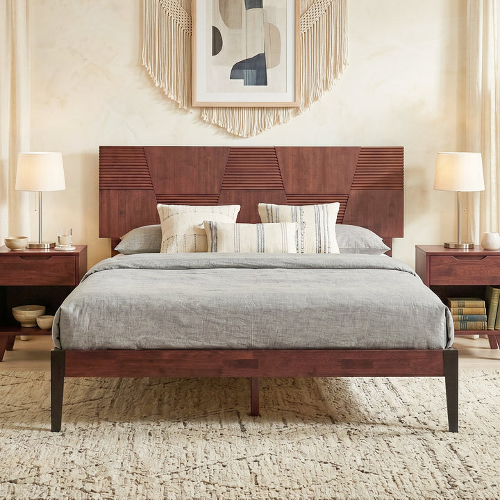 Nesto Mid-Century Modern Bed Frame with Fluted Geometric Headboard (Different Finishes)
