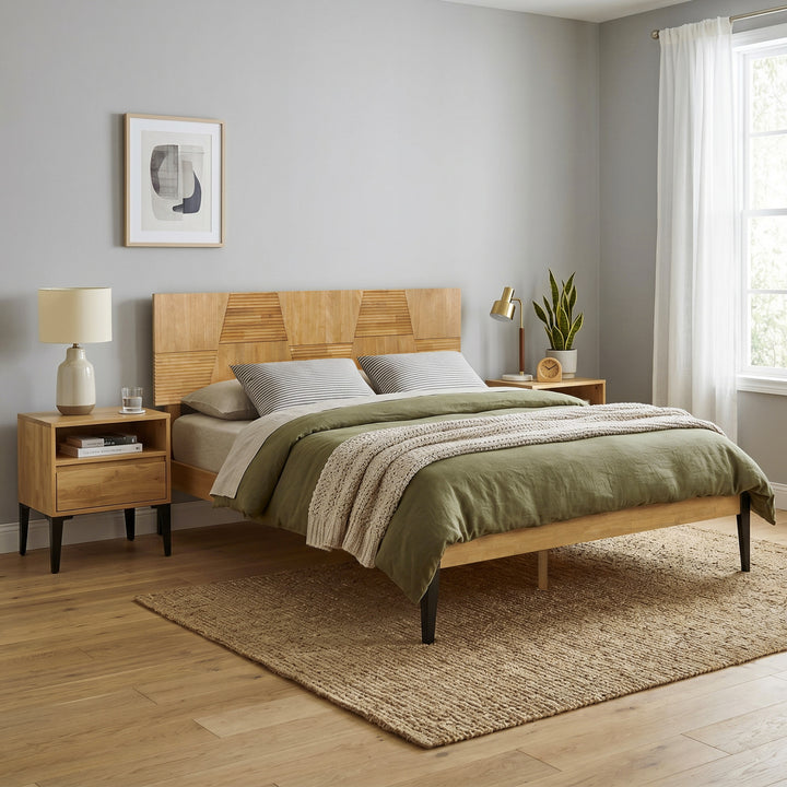 Nesto Mid-Century Modern Bed Frame with Fluted Geometric Headboard (Multiple Finishes)