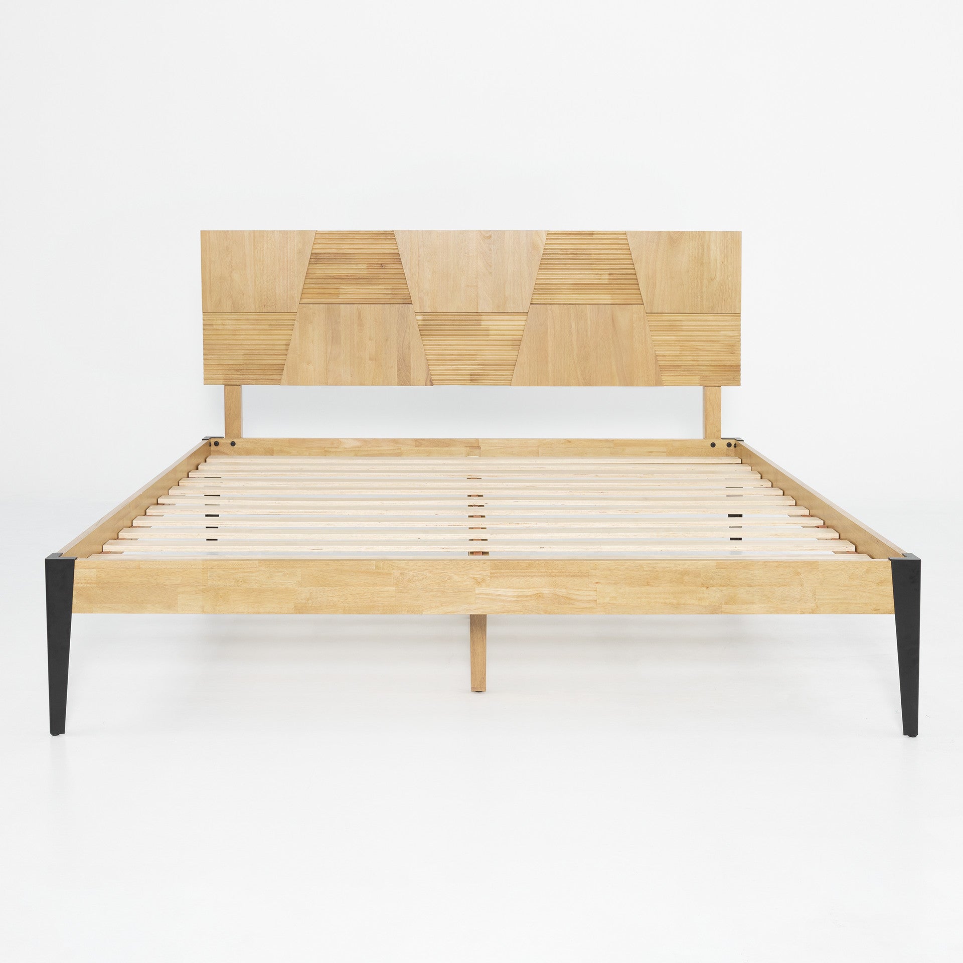Nesto Mid-Century Modern Bed Frame with Fluted Geometric Headboard (Light Oak Finishes)