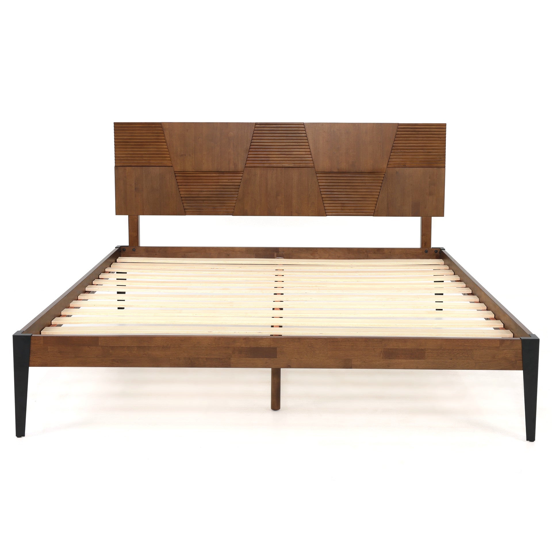 Nesto Mid-Century Modern Bed Frame with Fluted Geometric Headboard (Walnut Finish)