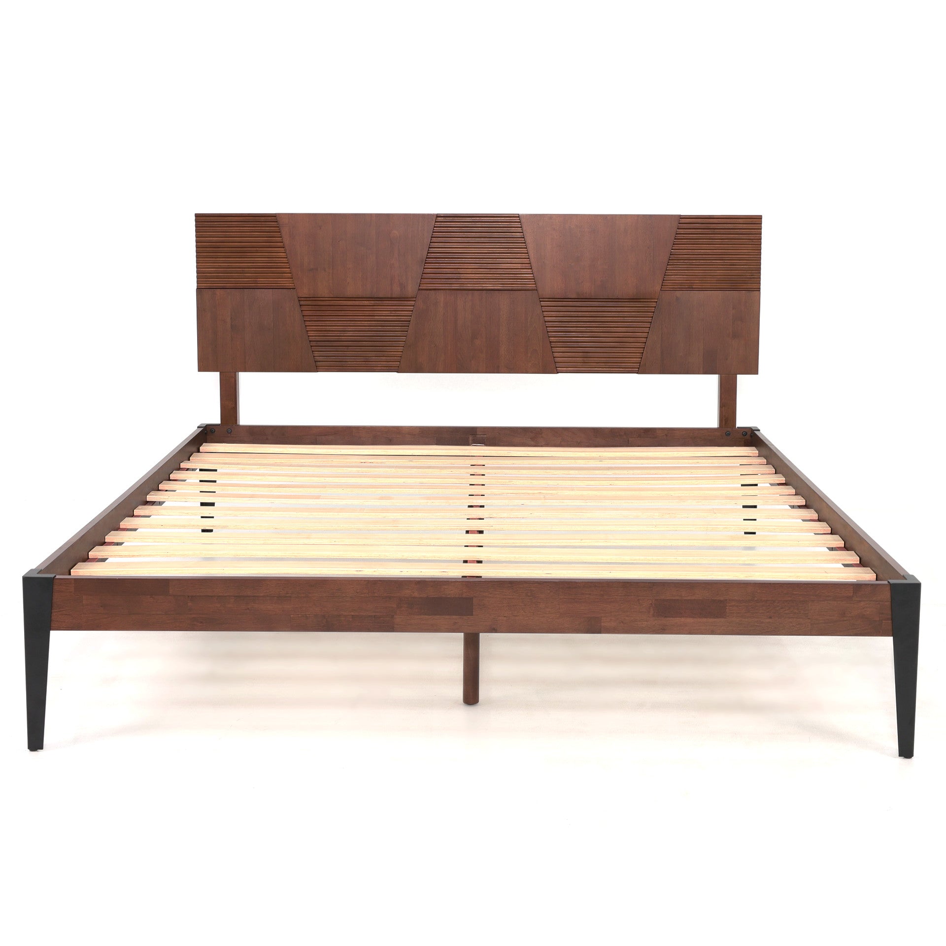 Nesto Mid-Century Modern Bed Frame with Fluted Geometric Headboard (Mahogany Finishes)