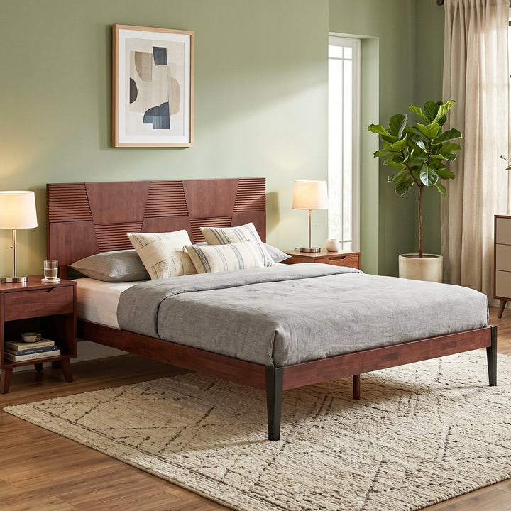 Nesto Mid-Century Modern Bed Frame with Fluted Geometric Headboard (Mahogany Finish)