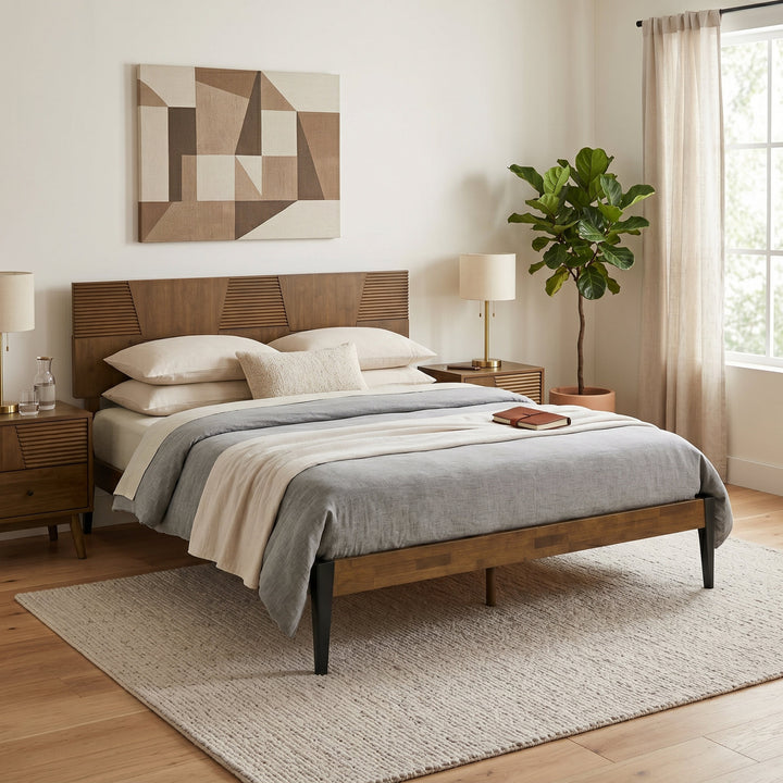Nesto Mid-Century Modern Bed Frame with Fluted Geometric Headboard (Walnut Finish)