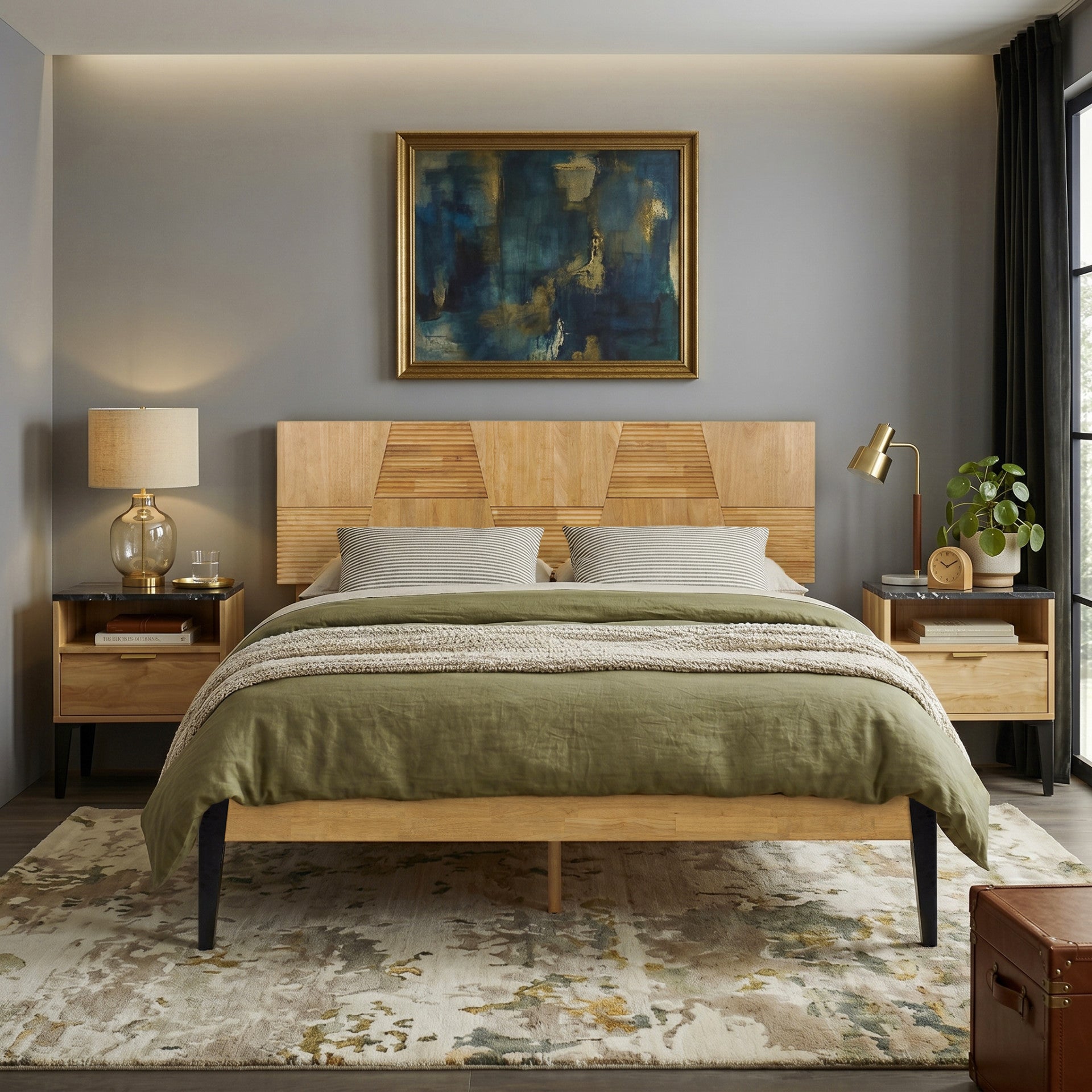 Nesto Mid-Century Modern Bed Frame with Fluted Geometric Headboard (Multiple Finishes)