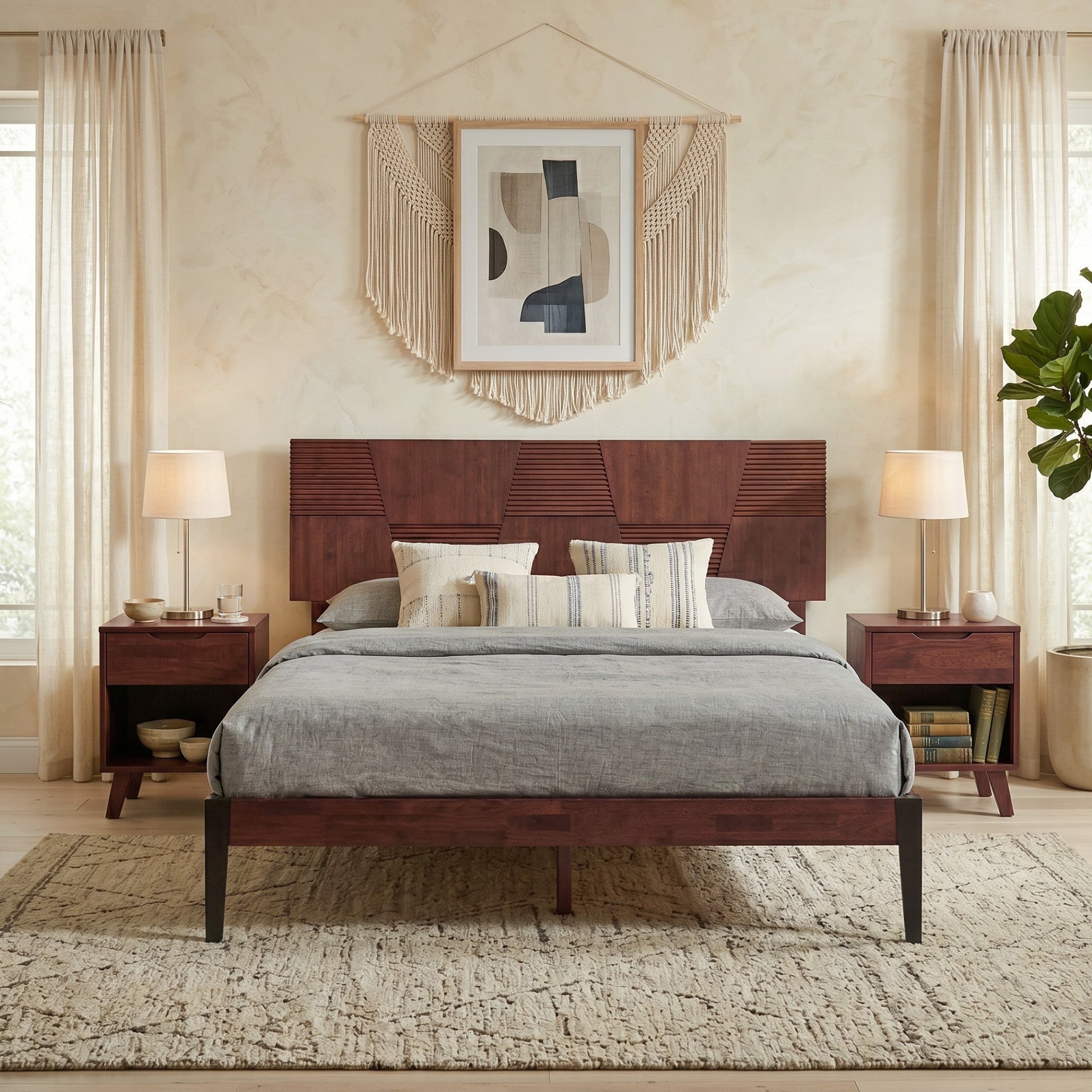Nesto Mid-Century Modern Bed Frame with Fluted Geometric Headboard (Multiple Finishes)