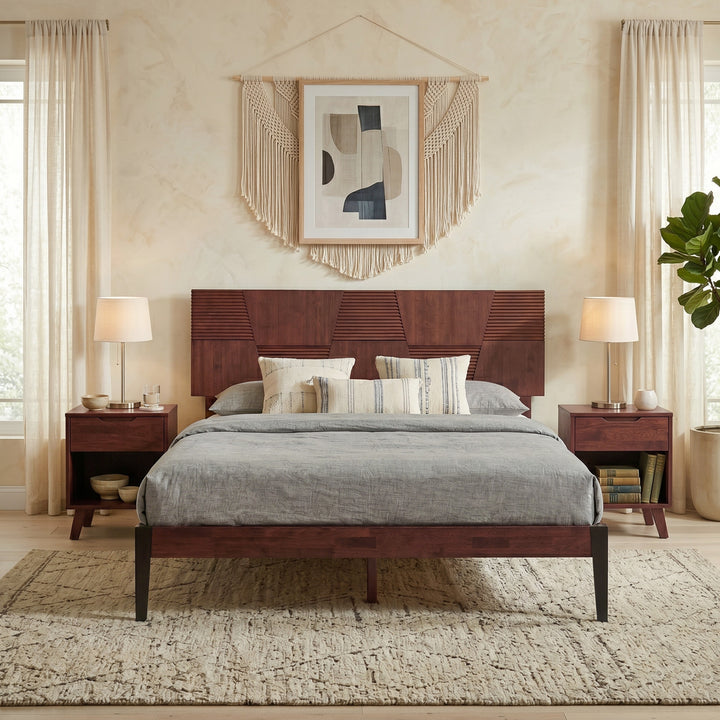 Nesto Mid-Century Modern Bed Frame with Fluted Geometric Headboard (Mahogany Finish)