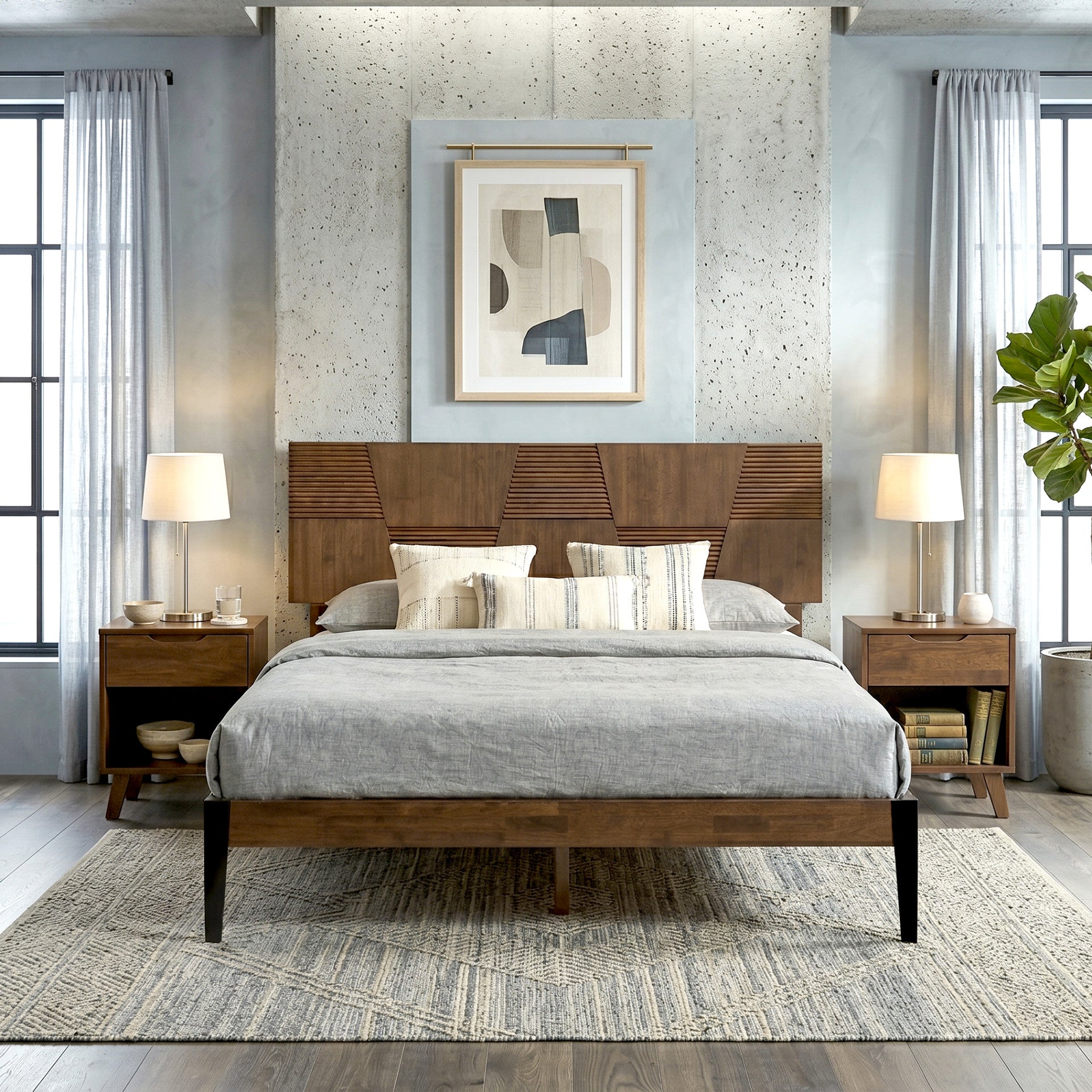 Nesto Mid-Century Modern Bed Frame with Fluted Geometric Headboard (Walnut Finish)