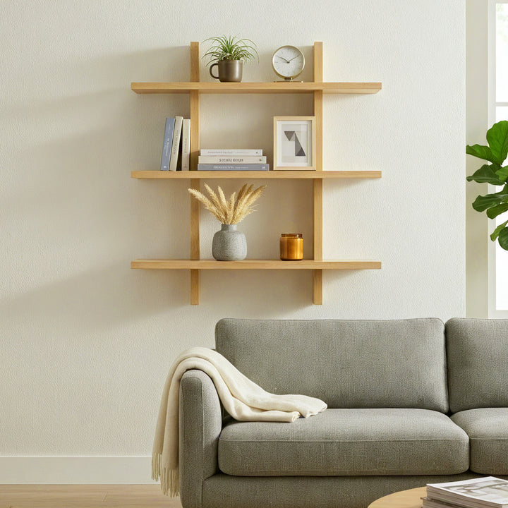 Shouji Solid Wood Floating Wall Shelf, Reversible Shelf (Single, Light Oak Finish)