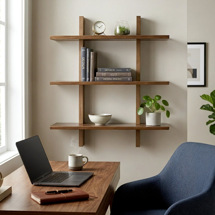 Shouji Solid Wood Floating Wall Shelf, Reversible Shelf (Single, Walnut Finish)