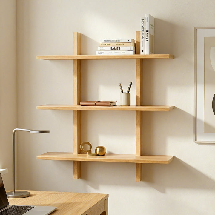 Shouji Solid Wood Floating Wall Shelf, Reversible Shelf (Single, Light Oak Finish)
