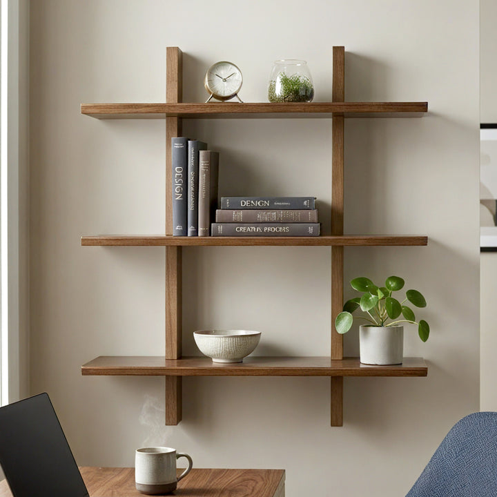 Shouji Solid Wood Floating Wall Shelf, Reversible Shelf (Single, Walnut Finish)