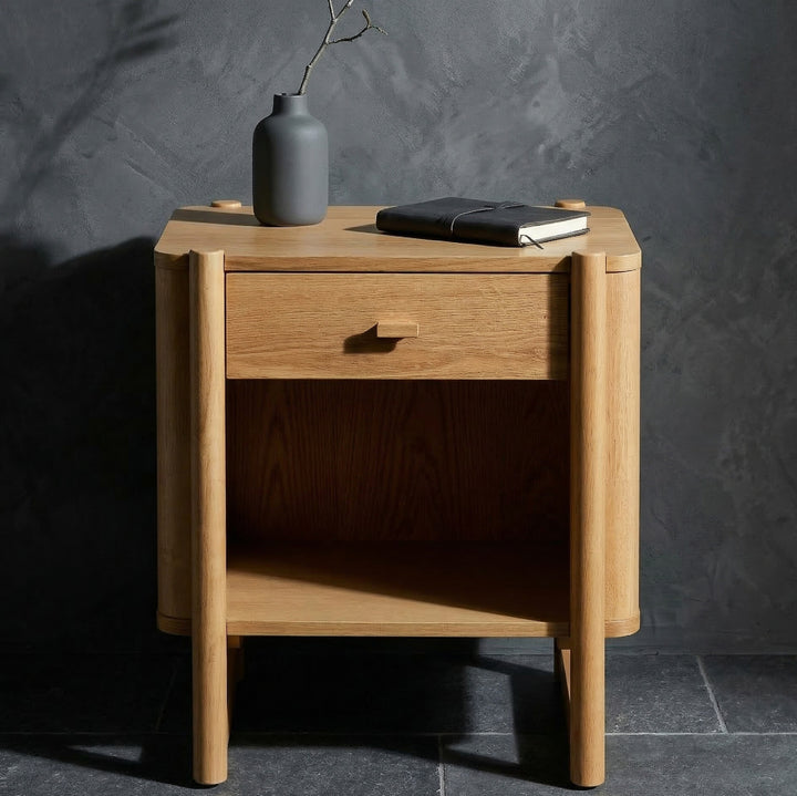 Apollo Mid-Century Modern Wooden Nightstand with Drawer & Open Cubby (Light Oak Finish)