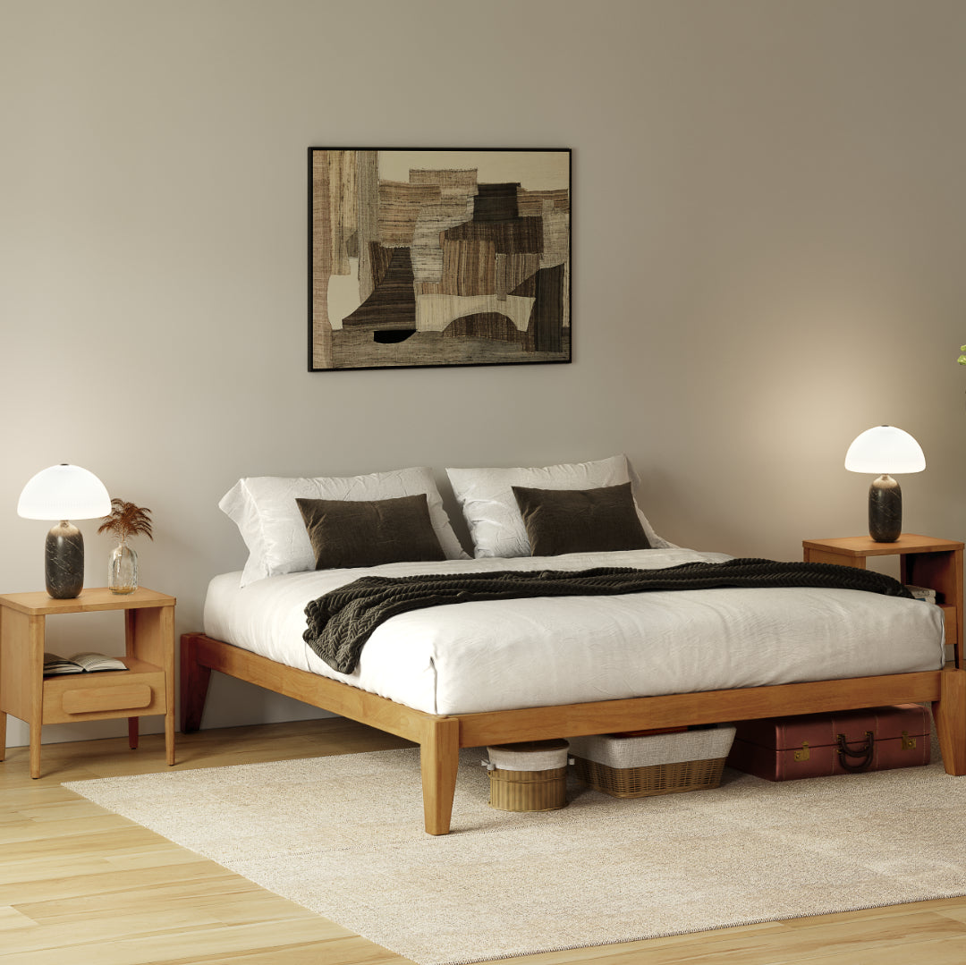 Thor Bedroom Set, Wood Japanese Joinery Bed Frame and 2 Wood Nightstands
