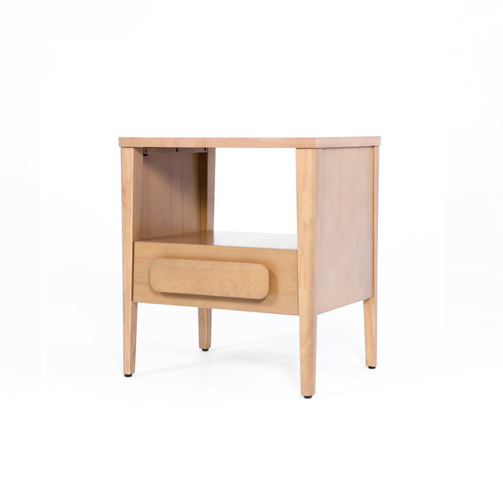 Thor Minimalist Wooden Nightstand with Drawer & Open Cubby (Light Brown Finish)