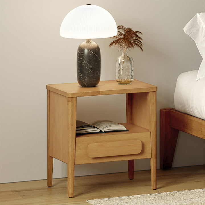 Thor Minimalist Wooden Nightstand with Drawer & Open Cubby (Light Brown Finish)