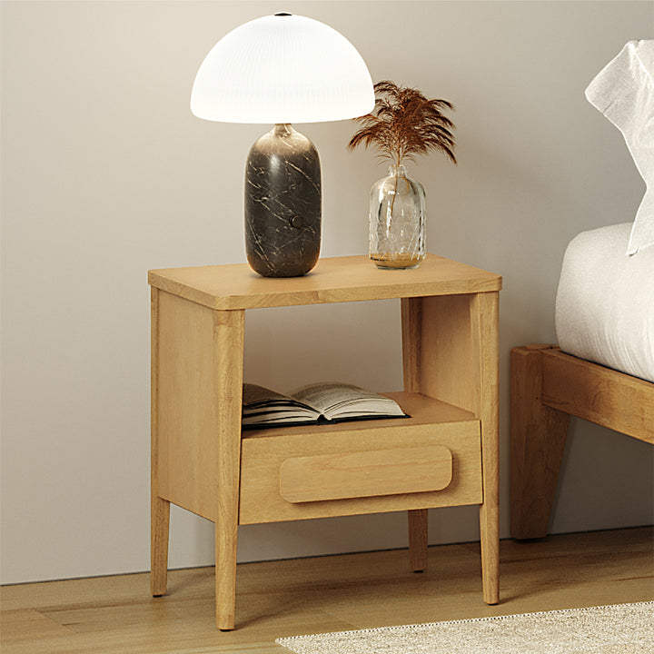 Thor Minimalist Wooden Nightstand with Drawer & Open Cubby (Light Oak Finish)