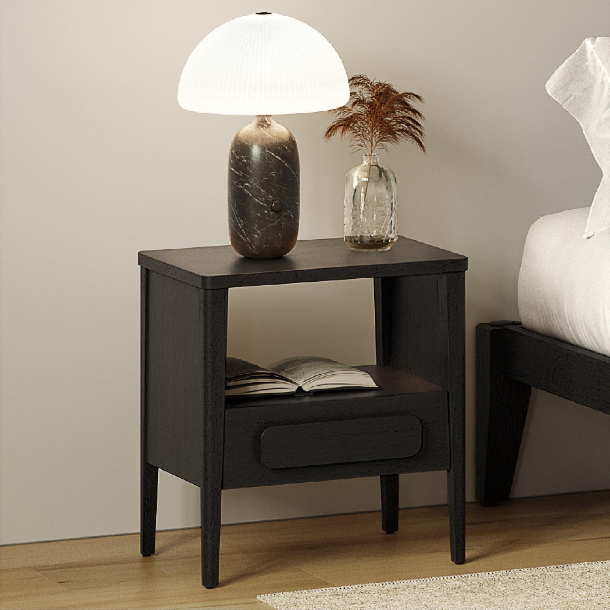 Thor Solid Wood Nightstand (Midnight Charcoal)
